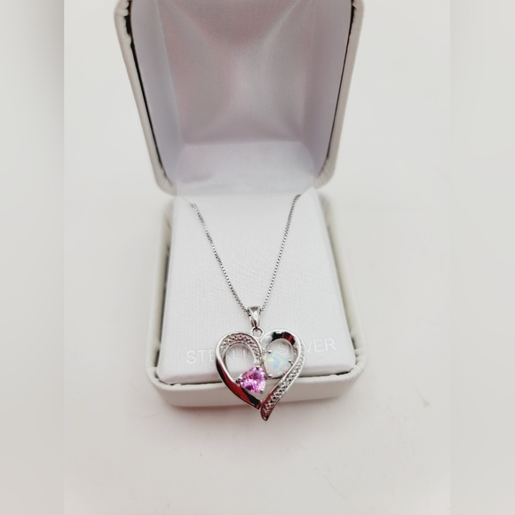 Silver Heart Pendant Necklace with Pink and Opal Stones - Picture 1 of 4